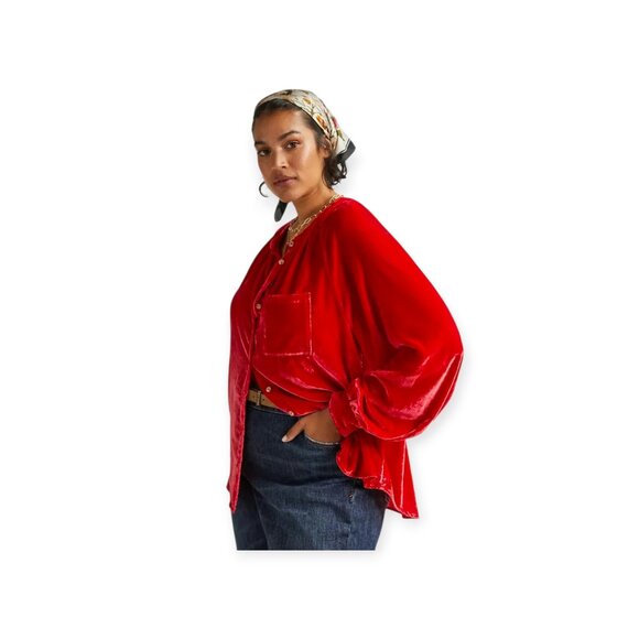 Anthropologie Pilcro Mara Cherry Red Velvet Button Down Top Size Small - Picture 2 of 11